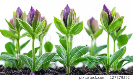 lavender seedlings soft green stems and emerging purple flowers are featured prominently, highlighting their natural beauty and therapeutic qualities for organic product display 127879292