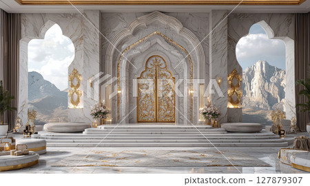 Richly decorated double doors golden floral inlays are highlighted in ornate marble entrance Mountain vistas enhance grandeur, creating stunning display of opulence Richly decorated double doors golden floral inlays are highlighted in ornate marble entrance Mountain vistas enhance grandeur, creating stunning display of opulence 127879307