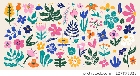 Set of abstract botanical organic elements in doodle style. Funky colorful flat flowers and leaves for patterns, posters, cards, fabric and digital design projects. Set of abstract botanical organic elements in doodle style. Funky colorful flat flowers and leaves for patterns, posters, cards, fabric and digital design projects. 127879323