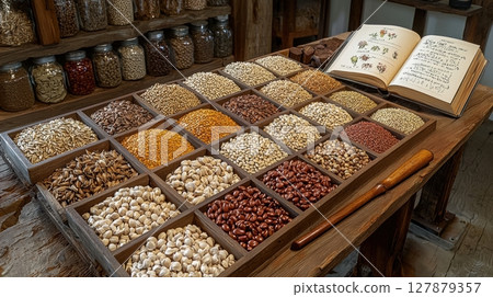 various seeds are meticulously arranged in display, featuring wooden handled gardening tool resting beside open guidebook planting diagrams setup invites future gardening efforts 127879357