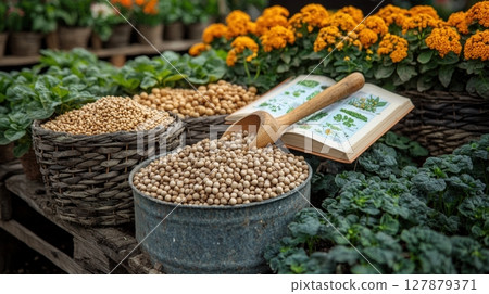 organized seed display showcases various seeds in baskets, wooden handled gardening tool and open planting guidebook revealing helpful diagrams for planting 127879371