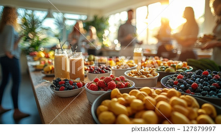 fresh smoothies sit beside colorful bowls of fruit and daily vitamins on wooden table, welcoming everyone start their day in warm morning atmosphere 127879997