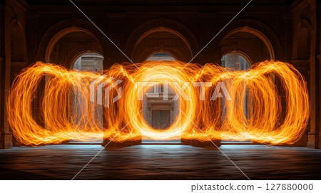 long exposure shot captures pendulum swinging through space, leaving bright light trails visualize harmonic motion and illustrate concept of energy conservation effectively 127880000