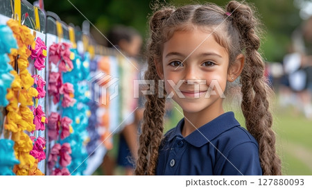 Children proudly present their colorful science fair projects during lively school event, displaying excitement and creativity beside their vibrant display boards 127880093