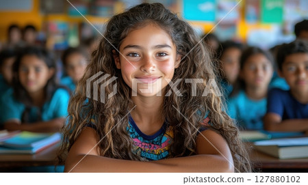 Students are captivated as their enthusiastic English teacher reads captivating story in warm and inviting classroom filled books, fostering love for literature 127880102