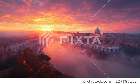 golden sunrise illuminates st peters basilica in vatican city soft pastel sky hues majestic colonnades of st peters square reveal sense of divine beauty and tranquility 127880112