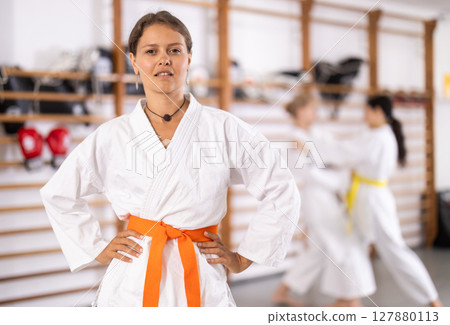Portrait of a woman in a kimono in a gym 127880113