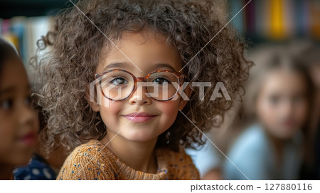enthusiastic teacher passionately reads from book, captivating students in cozy, book filled classroom children's faces reflect joy and excitement 127880116
