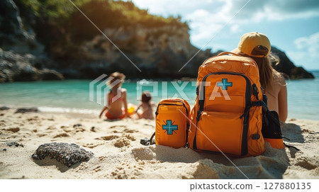 On sunny day, mother takes care of her family's safety applying sunscreen and insect repellent from first aid kit as her kids enjoy beach 127880135