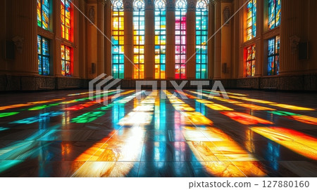 sunlight pours through intricately designed stained glass windows, casting colorful reflections on stone floor and creating peaceful ambiance in cathedral 127880160