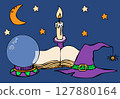 A composition of a magic book, crystal ball, a hat and a candle in a candlestick 127880164