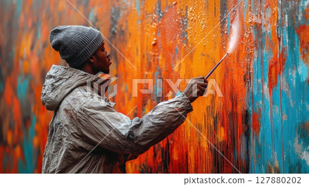 street artist skillfully sprays neon paint onto large wall, their hands in motion as colorful drips add lively mural in urban environment 127880202