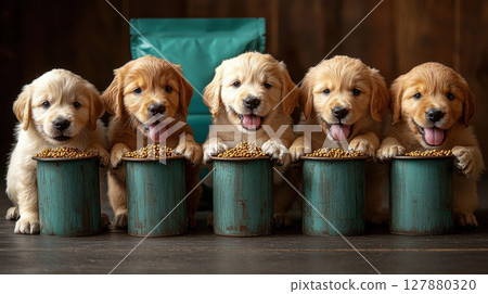 group of fluffy golden retriever puppies eagerly shares kibble from bowl while colorful pet food bag is playfully displayed behind them in warm environment 127880320