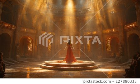 magician astounds audience as he makes woman in flowing red dress levitate in mid air Golden spotlights shine brightly, creating enchanting atmosphere in theater 127880335