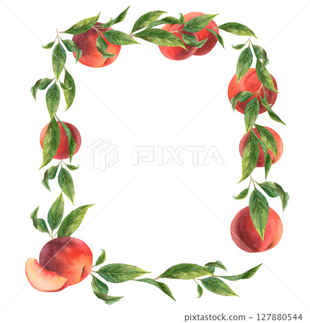 Watercolor frame with flowers and fruits: peaches, nectarines. 127880544