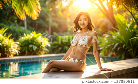 A woman sitting by the pool 127880611