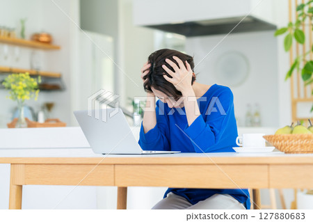 中年婦女擔心她的電腦 中年婦女擔心她的電腦 127880683
