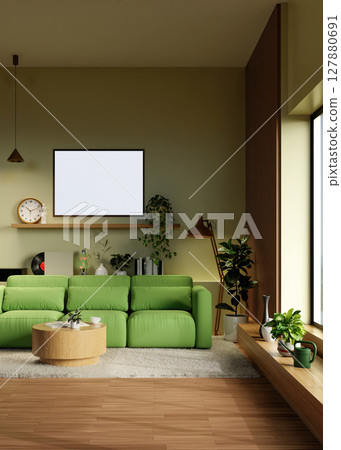Sustainable living room design featuring green furniture and plants. 3D render illustration 127880691