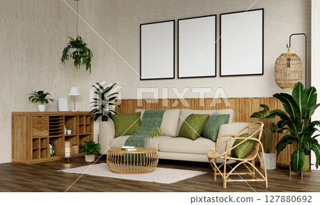 Sustainable living room interior design showcasing natural elements. 3D render illustration 127880692