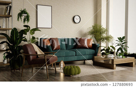 Sustainable cozy living room design with green plants and natural elements. 3D render illustration 127880693