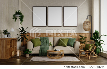 Sustainable living room design with natural elements and greenery. 3D render illustration 127880694