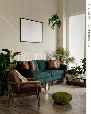 Sustainable living room interior design with natural elements. 3D render illustration 127880695