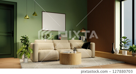 Sustainable and modern home interior with a cozy ambiance. 3D render illustration 127880703