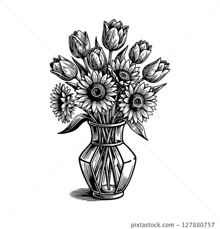 Vector of a detailed black and white illustration of sunflowers and tulips arranged in a clear glass vase. 127880757