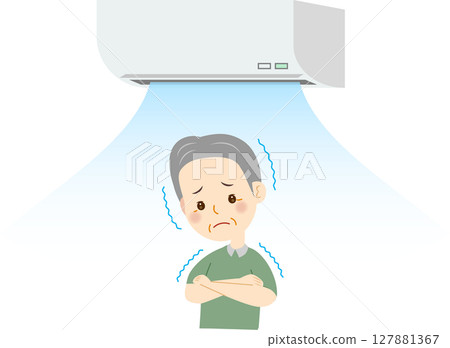 Senior man feels cold because the air conditioning is too strong Senior man feels cold because the air conditioning is too strong 127881367
