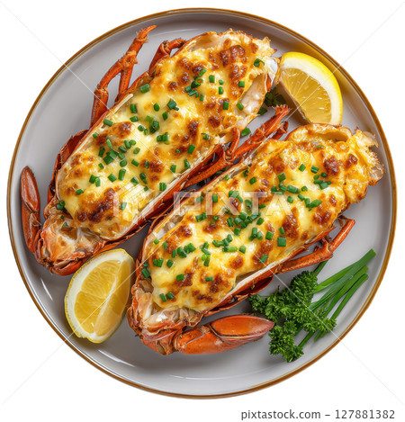 Succulent Lobster Thermidor in Half Shells with Creamy Sauce and Garnish on Elegant Plate Succulent Lobster Thermidor in Half Shells with Creamy Sauce and Garnish on Elegant Plate 127881382