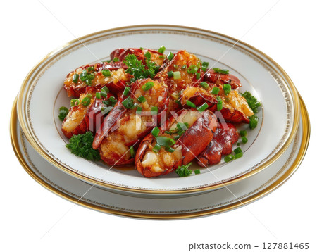 Succulent Lobster Stir Fried with Ginger and Scallions on Plate with Garnish 127881465