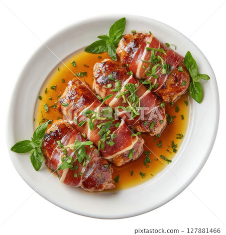Delicious Veal Saltimbocca Cutlets Topped with Prosciutto and Fresh Sage in a Golden Brown Sauce 127881466