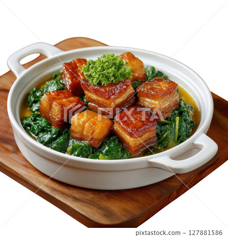 Braised Pork Belly with Preserved Mustard Greens in Savory Sauce on a Wooden Board Braised Pork Belly with Preserved Mustard Greens in Savory Sauce on a Wooden Board 127881586