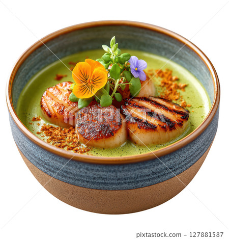 Luxurious Thai Green Curry Panna Cotta with Creamy Coconut Milk and Fresh Scallops for Gastronomic Delight Luxurious Thai Green Curry Panna Cotta with Creamy Coconut Milk and Fresh Scallops for Gastronomic Delight 127881587