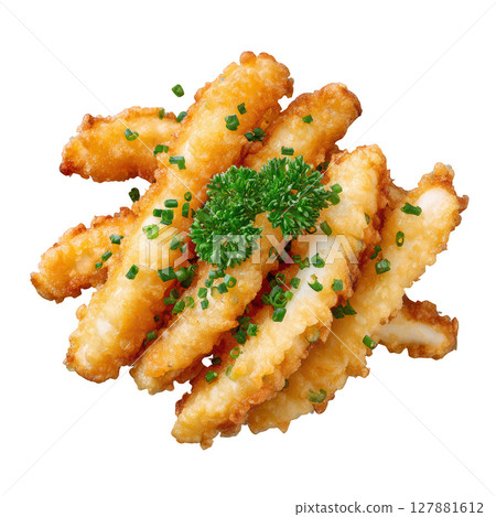 Crispy Vegetable Tempura Sticks Garnished with Chives and Parsley on White Background 127881612