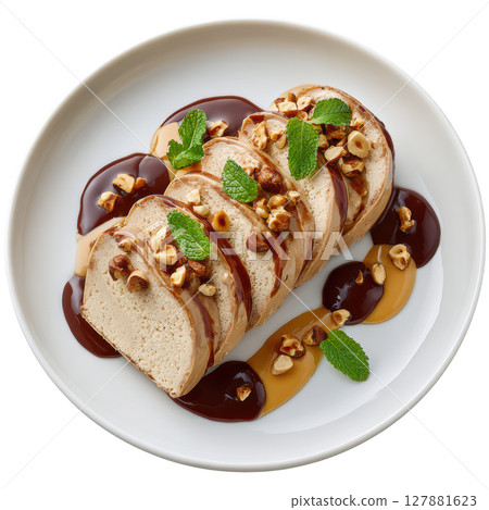 Luxurious Italian Hazelnut Semifreddo with Creamy Mousse Texture and Toasted Hazelnuts on Plate Luxurious Italian Hazelnut Semifreddo with Creamy Mousse Texture and Toasted Hazelnuts on Plate 127881623