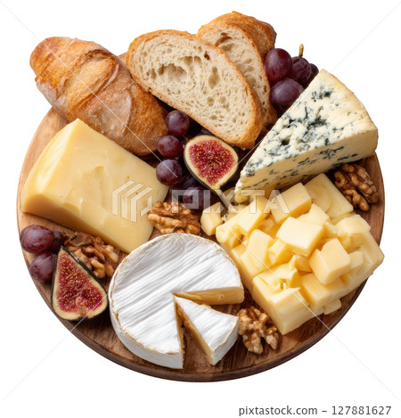 Artisan Cheese Plate Featuring Fine French Selections of Brie, Roquefort, Comte, Grapes, and Fresh Breads 127881627