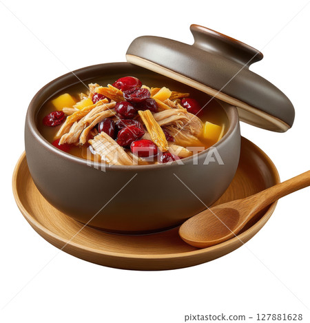 Double Boiled Chicken Soup with Cordyceps and Red Dates in a Rustic Pot on a Wooden Tray 127881628