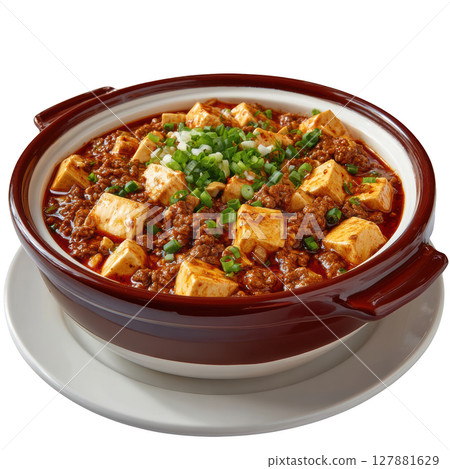 Spicy Mapo Tofu with Minced Beef in Fiery Brown Sauce Served in a Traditional Dish Spicy Mapo Tofu with Minced Beef in Fiery Brown Sauce Served in a Traditional Dish 127881629