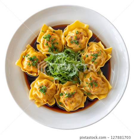Traditional Agnolotti dal Plin with Roasted Meat in Delicate Pasta Parcels Served on a Plate 127881703