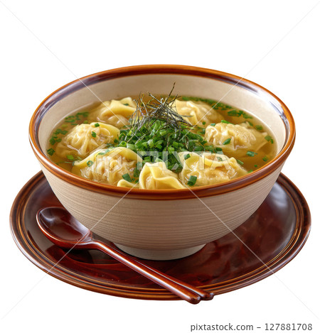 Delicate Pork and Shrimp Wontons in Clear Broth with Scallions and Seaweed Garnish 127881708