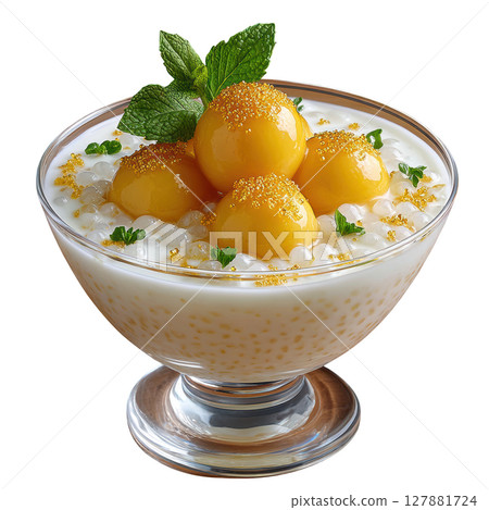 Pandan Infused Tapioca Pearls in Coconut Milk Broth with Mango Sorbet and Edible Gold Dust 127881724