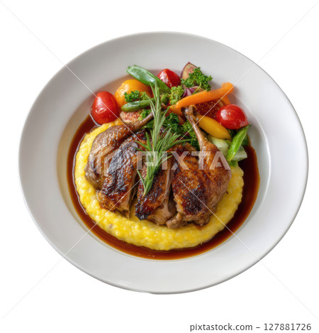 Perfectly Roasted Quail Served With Fig and Balsamic Glaze on a Bed of Creamy Polenta and Colorful Vegetables 127881726