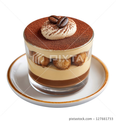 Elegant Tiramisu in Glass with Layers of Coffee Soaked Ladyfingers and Rich Mascarpone Cream Garnished with Cocoa Powder Elegant Tiramisu in Glass with Layers of Coffee Soaked Ladyfingers and Rich Mascarpone Cream Garnished with Cocoa Powder 127881733