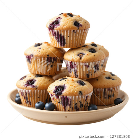 Fluffy blueberry muffins stacked on plate, perfect for breakfast or dessert Fluffy blueberry muffins stacked on plate, perfect for breakfast or dessert 127881808