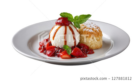 Thai Basil Ice Cream with Strawberry and Black Pepper Compote and Basil Tuile on White Plate 127881812