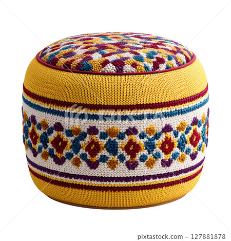 Colorful knitted pouf with intricate geometric patterns in vibrant hues for modern interior decor and cozy settings Colorful knitted pouf with intricate geometric patterns in vibrant hues for modern interior decor and cozy settings 127881878