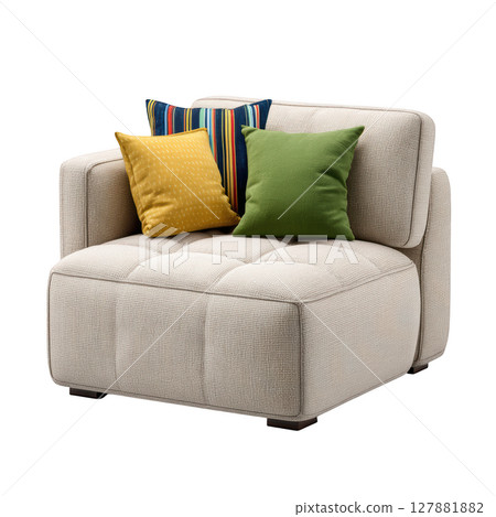 Cozy modern armchair with colorful cushions in a clean, minimalistic living room setting for stylish interior design Cozy modern armchair with colorful cushions in a clean, minimalistic living room setting for stylish interior design 127881882