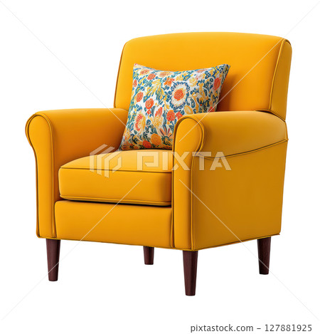 Bright Yellow Armchair with Floral Pillow in Modern Living Room Decor Style 127881925