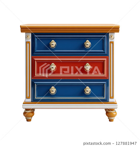 Vibrant Three-Drawer Nightstand with Colorful Finish and Decorative Handles for Bedroom or Living Room Use 127881947